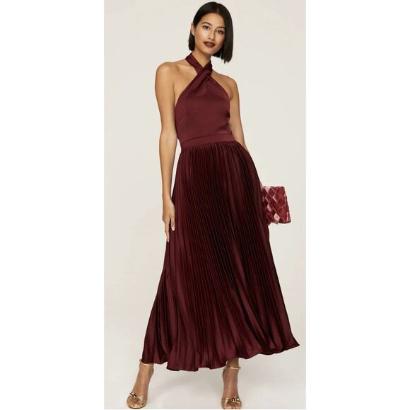 Elle Zeitoune Jayee Halter Gown Dress Burgundy Pleated Medium. Wedding. Party - Picture 2 of 12